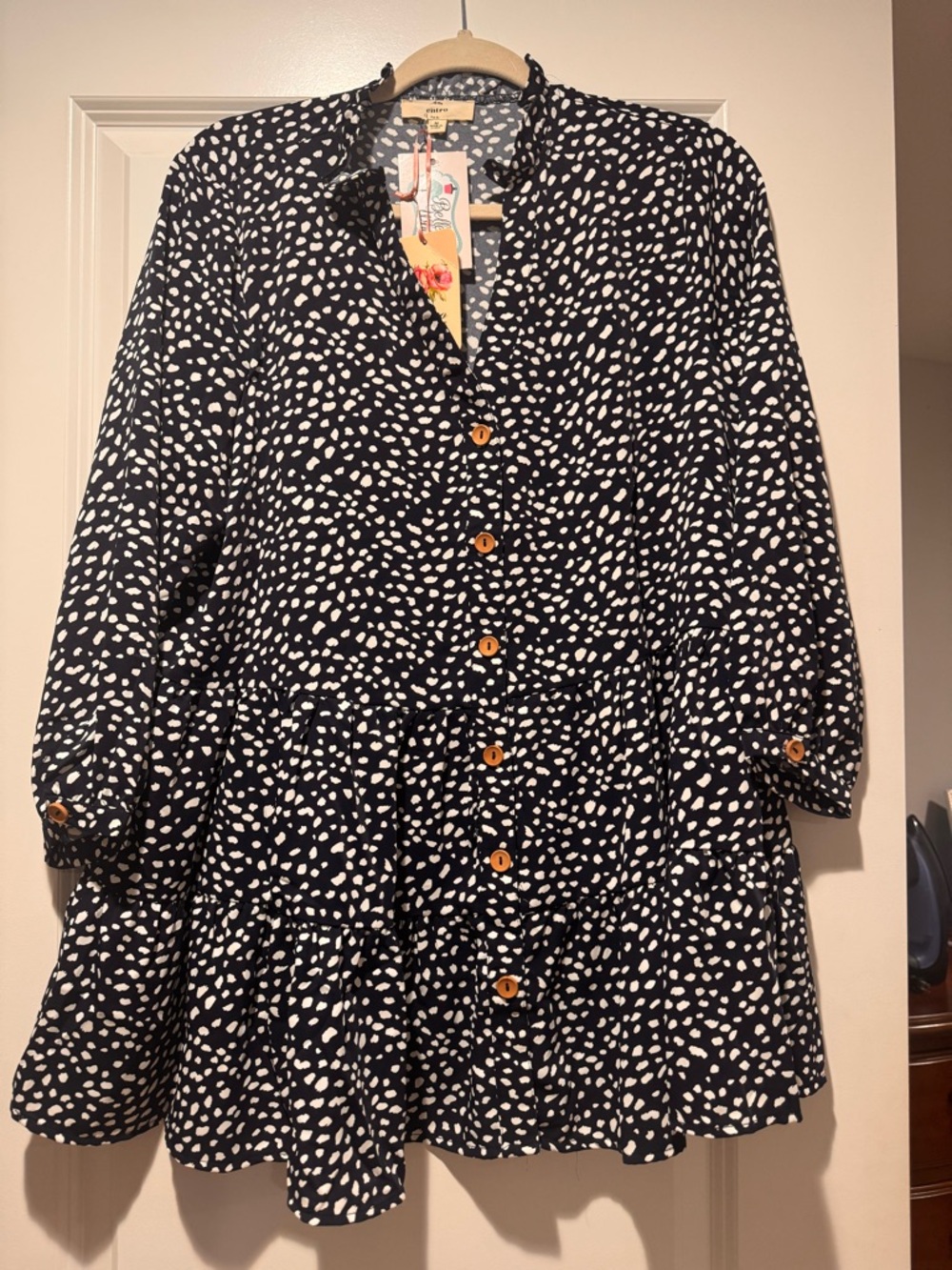 Navy & White Print Button-Front Tiered Tunic.